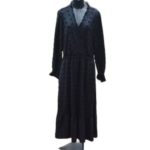 Fashion Dresses & Skirts - Black Long Sleeve V Neck Swiss Dot Smocked Maxi Dress Size XL